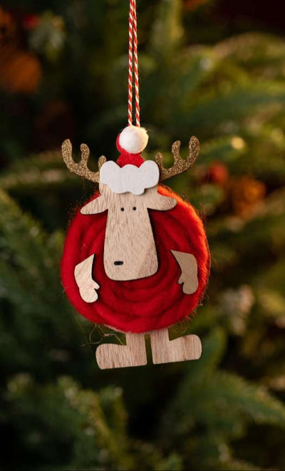 Wooden Reindeer Hanging Ornament with Red Yarn Body_CC10