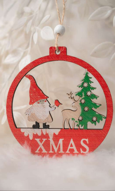 Red Round Hanging Ornament with Santa, Reindeer & Xmas Tree_CC125