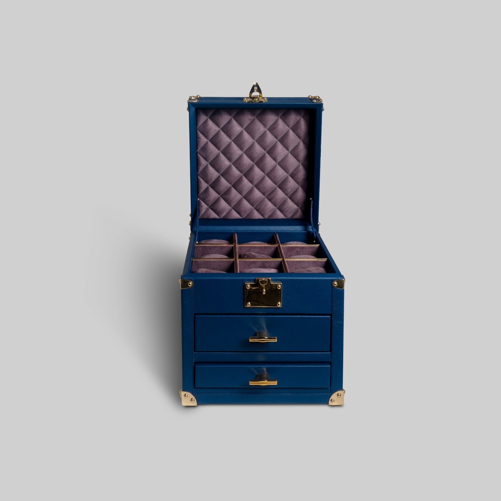 Midnight blue leather jewellery box brass edge metal handle - The Mage Home