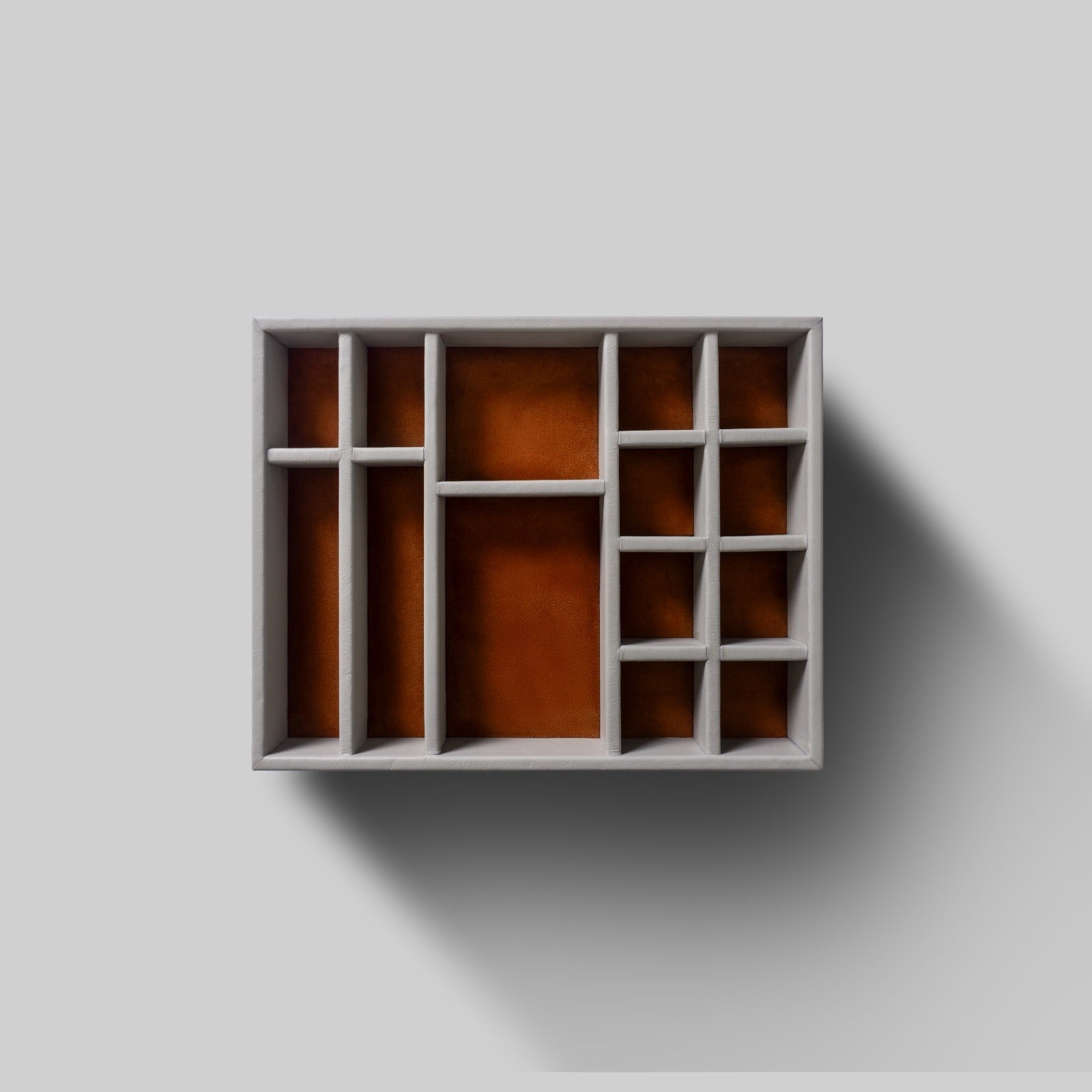 Leather jewellery tray open showing compartments for rings bangles - The Mage Home