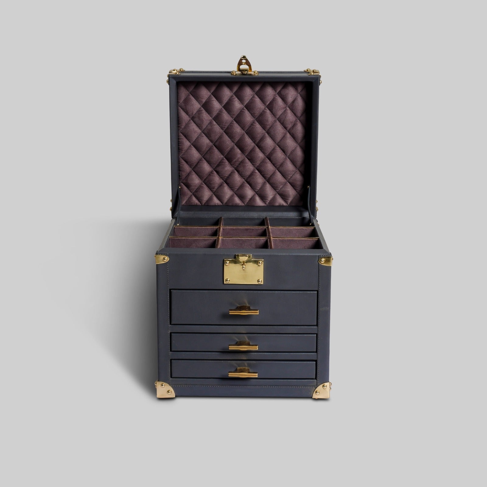Premium grey leather jewellery trunk top section close up - The Mage Home