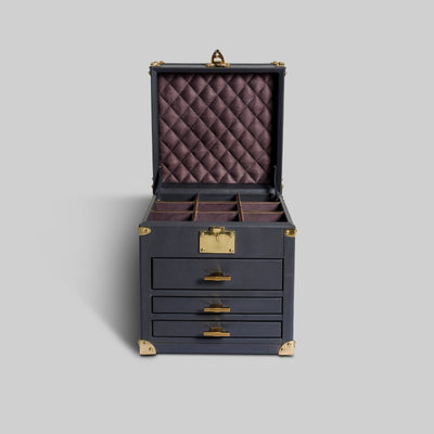 Premium grey leather jewellery trunk top section close up - The Mage Home