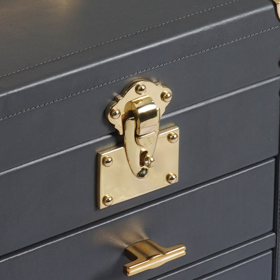 Leather jewellery trunk metal carry handle side detail - The Mage Home
