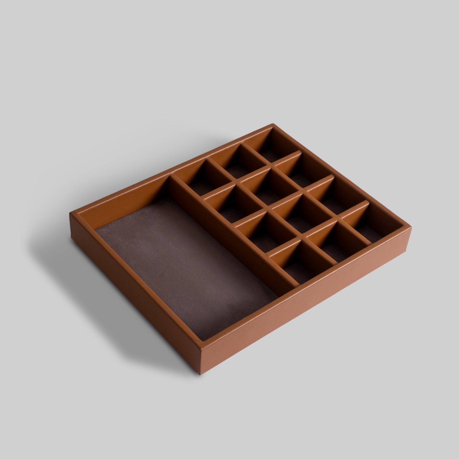 Luxe leather jewellery tray open view ring and earring slots - The Mage Home