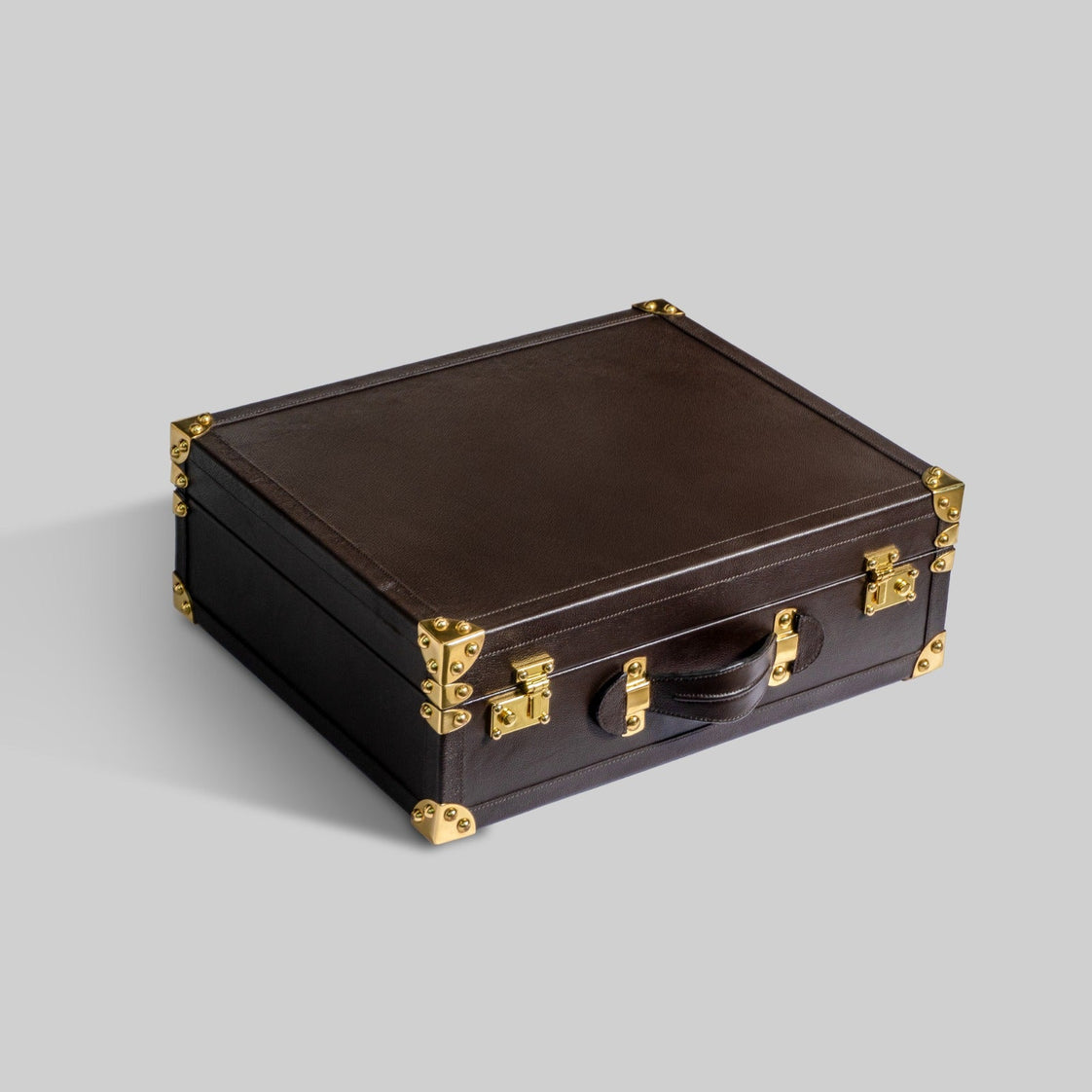 Leather poker briefcase close up handle and clasp detail - The Mage Home