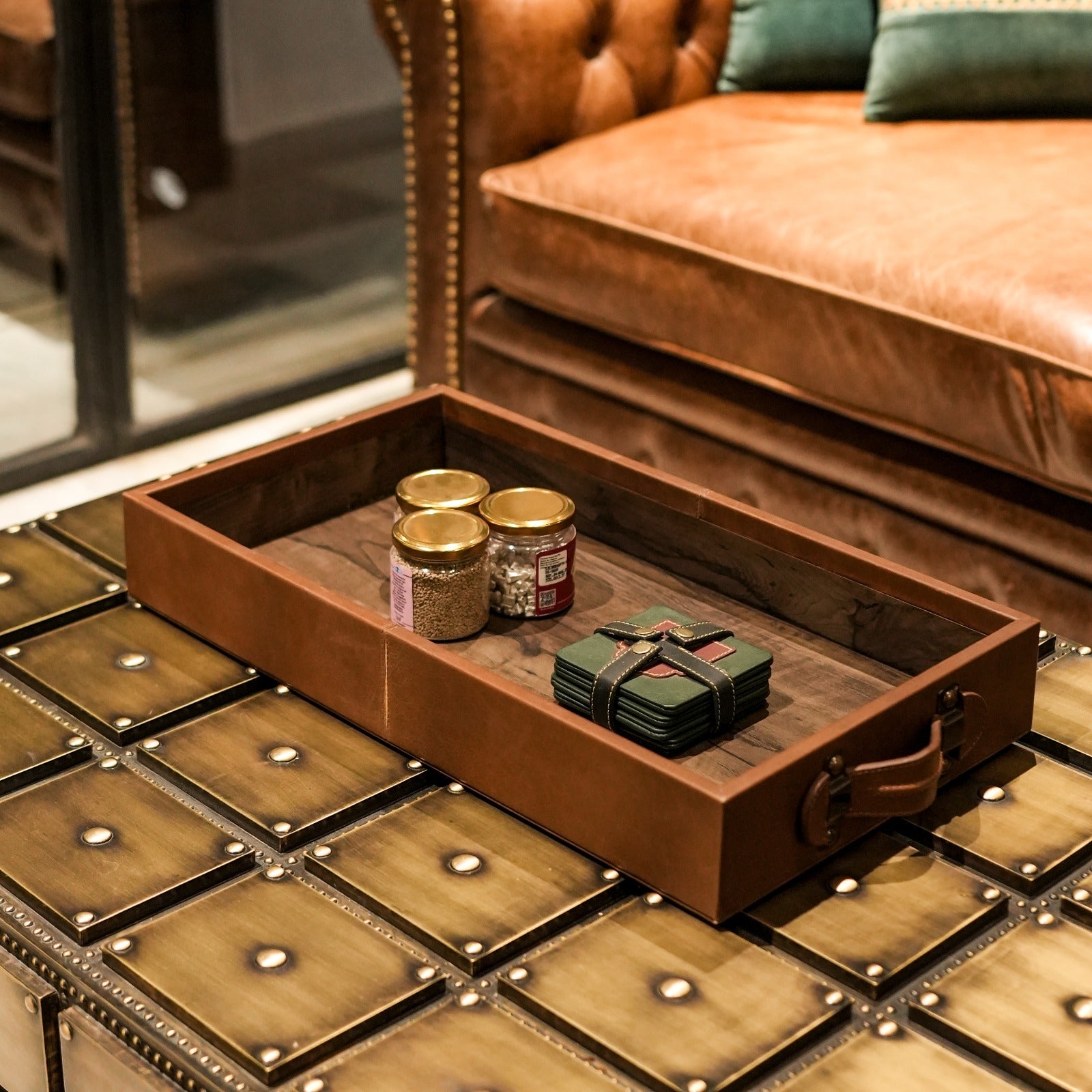 Lodge leather tray displayed on coffee table home decor - The Mage Home