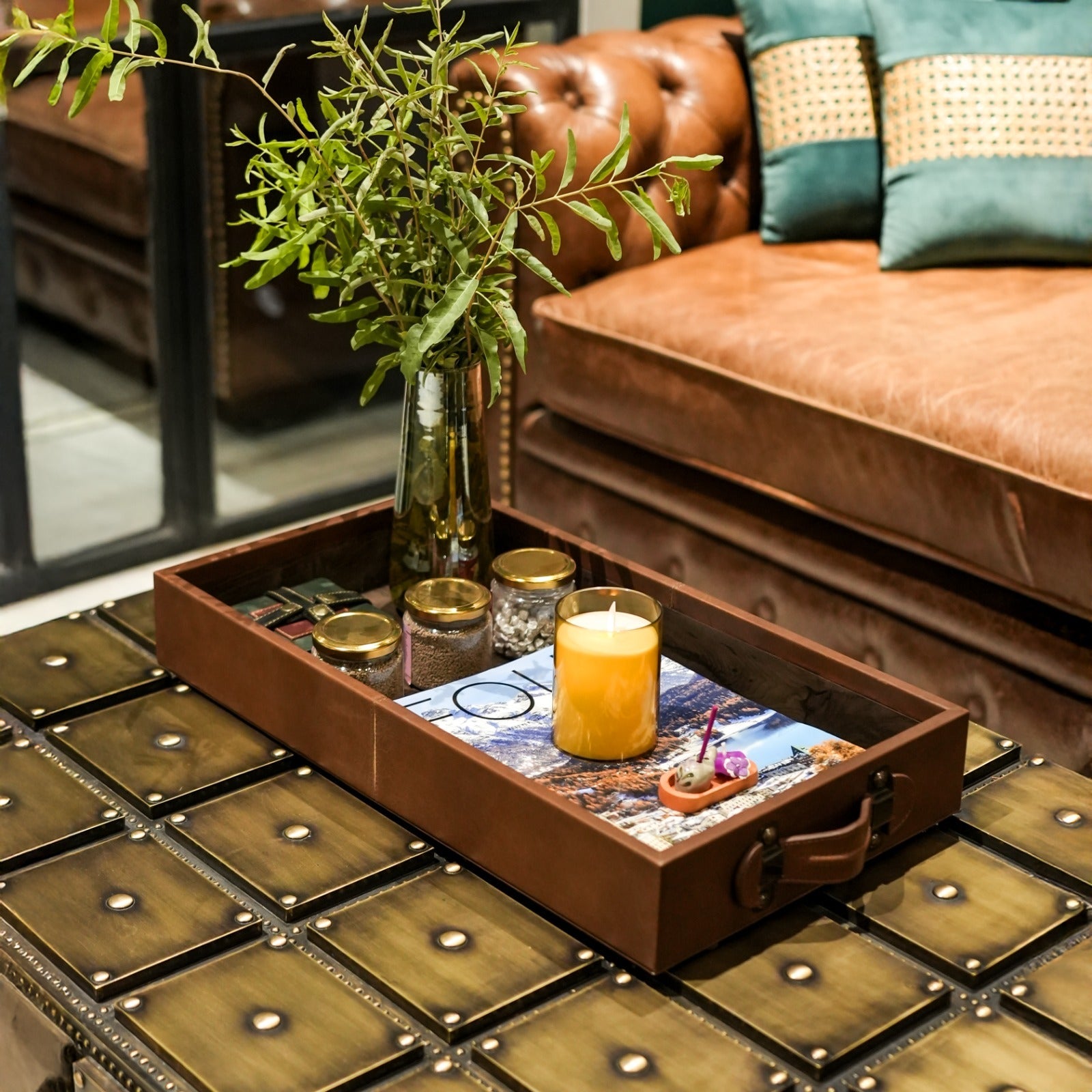 Lodge tray close up premium leather finish detail - The Mage Home