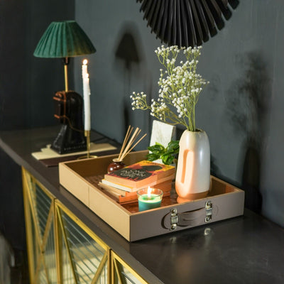 Minimalist leather styla tray displayed on coffee table - The Mage Home