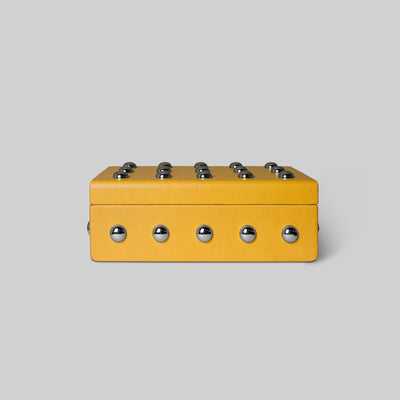 Yellow zest leather box close up premium detail India - The Mage Home