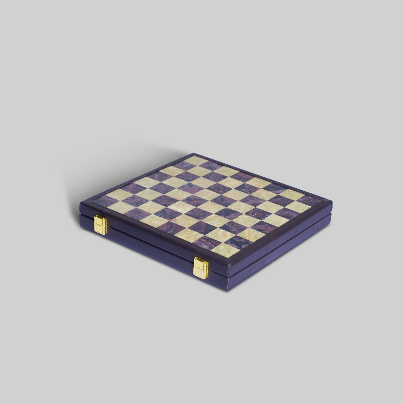 Chess box open showing chess board and pieces leather India - The Mage Home