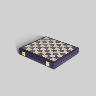 Chess box open showing chess board and pieces leather India - The Mage Home
