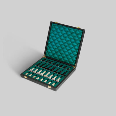 Leather chess box close up detail handcrafted India - The Mage Home