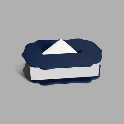 Blue silhouette tissue box close up leather detail India - The Mage Home