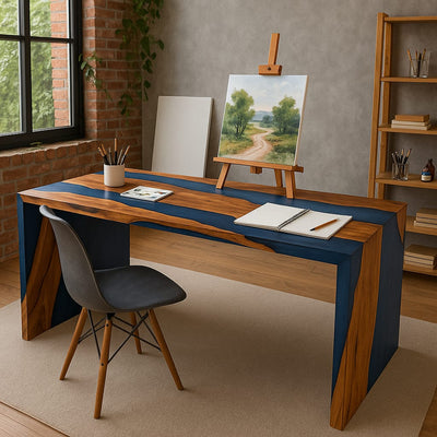 Modern Live-Edge Wood & Blue Epoxy Resin Table