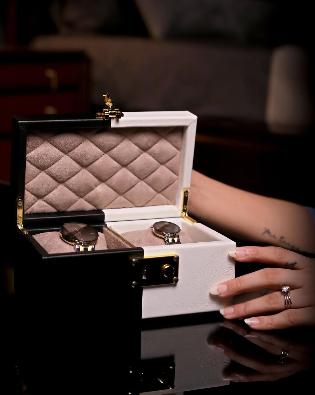 Heart adorned blue leather watch box close up detail - The Mage Home