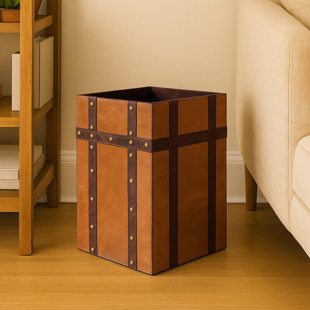 The Nailed Bin leather waste bin with nail stud detail India - The Mage Home