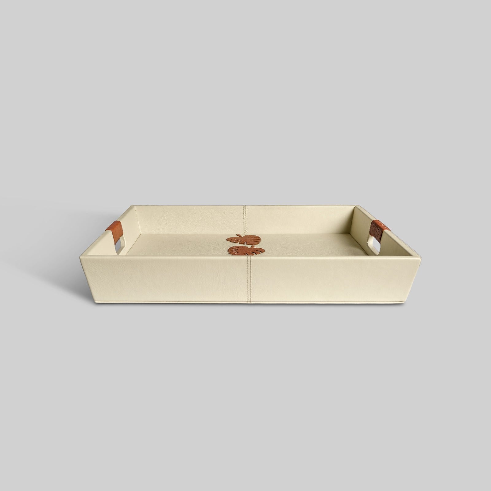 Brown botanical leather tray top view India - The Mage Home