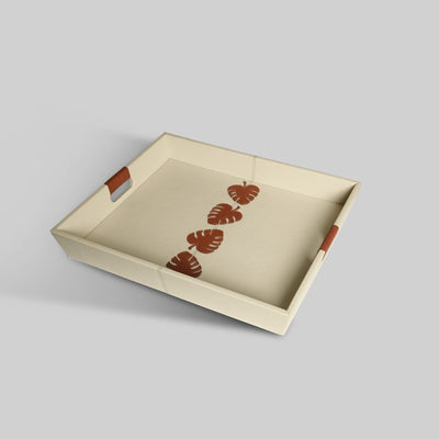 Brown botanical leather tray close up leaf detail India - The Mage Home
