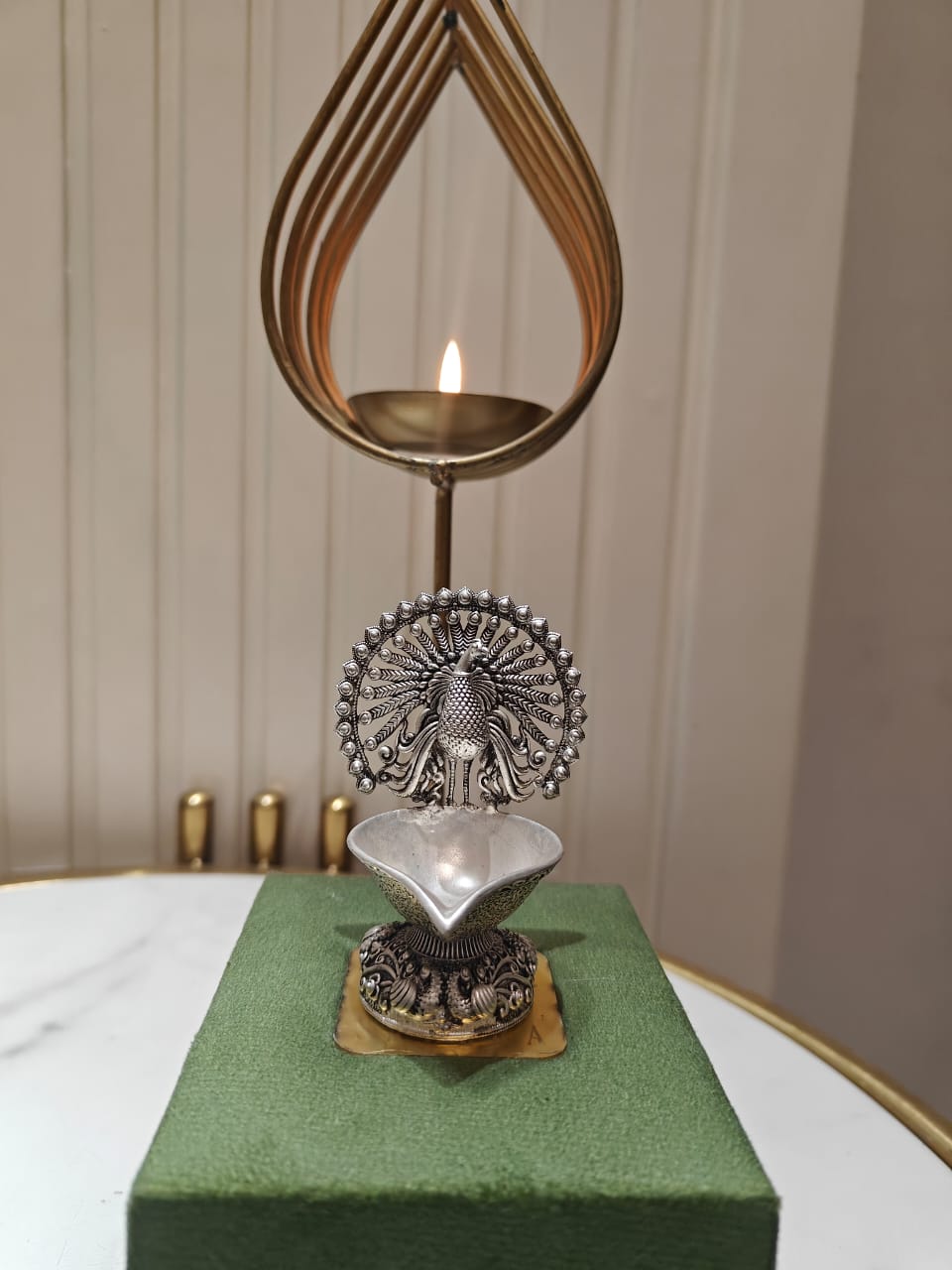Elegant Silver Peacock Diya – Handcrafted Decorative Oil Lamp