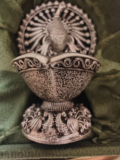 Elegant Silver Peacock Diya – Handcrafted Decorative Oil Lamp
