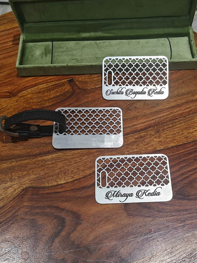 Custom Luggage Tag with Moroccan Lattice Design in Pure Silver Plating
