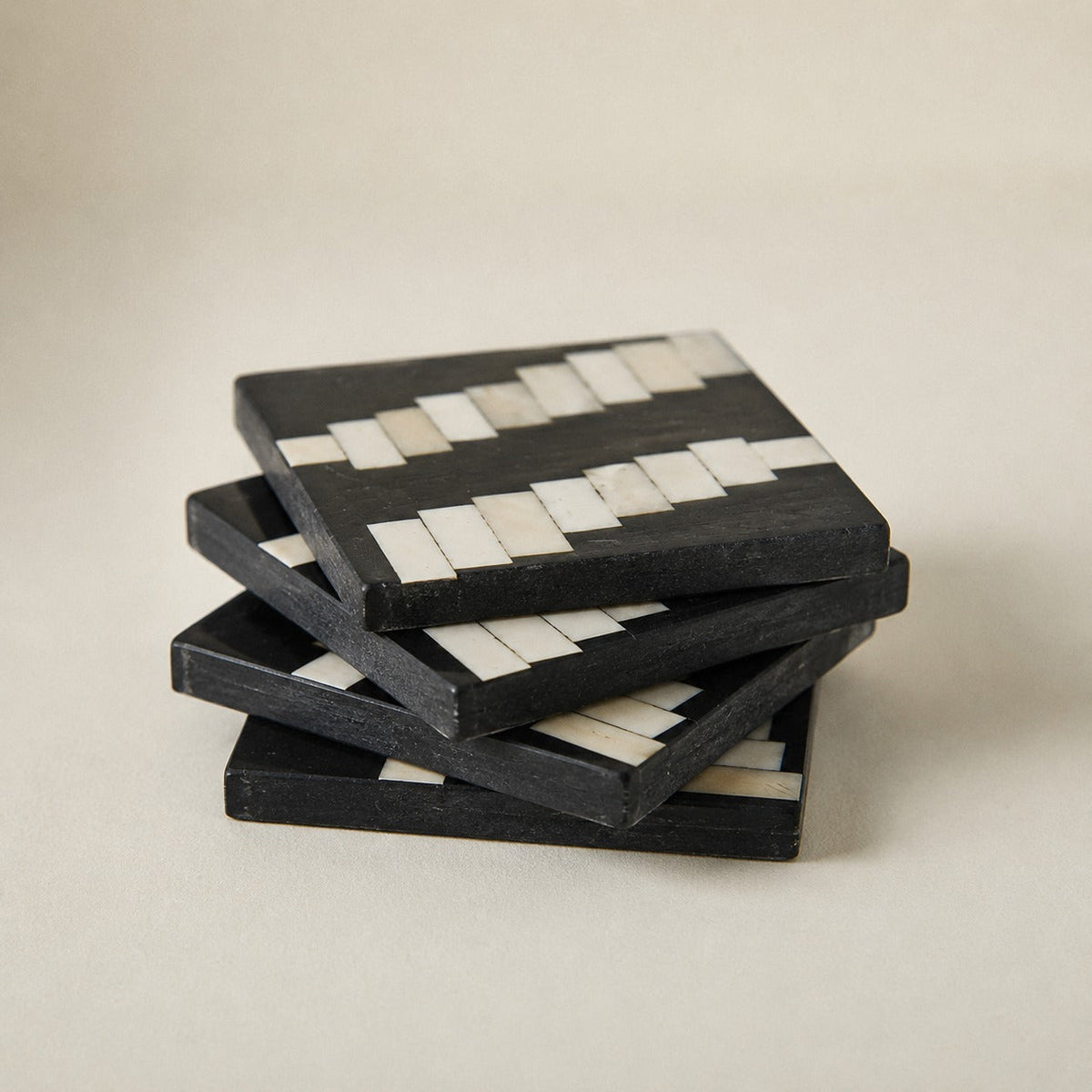 MONCHROME - WOOD INLAY BLACK IVORY COASTER SET OF 4