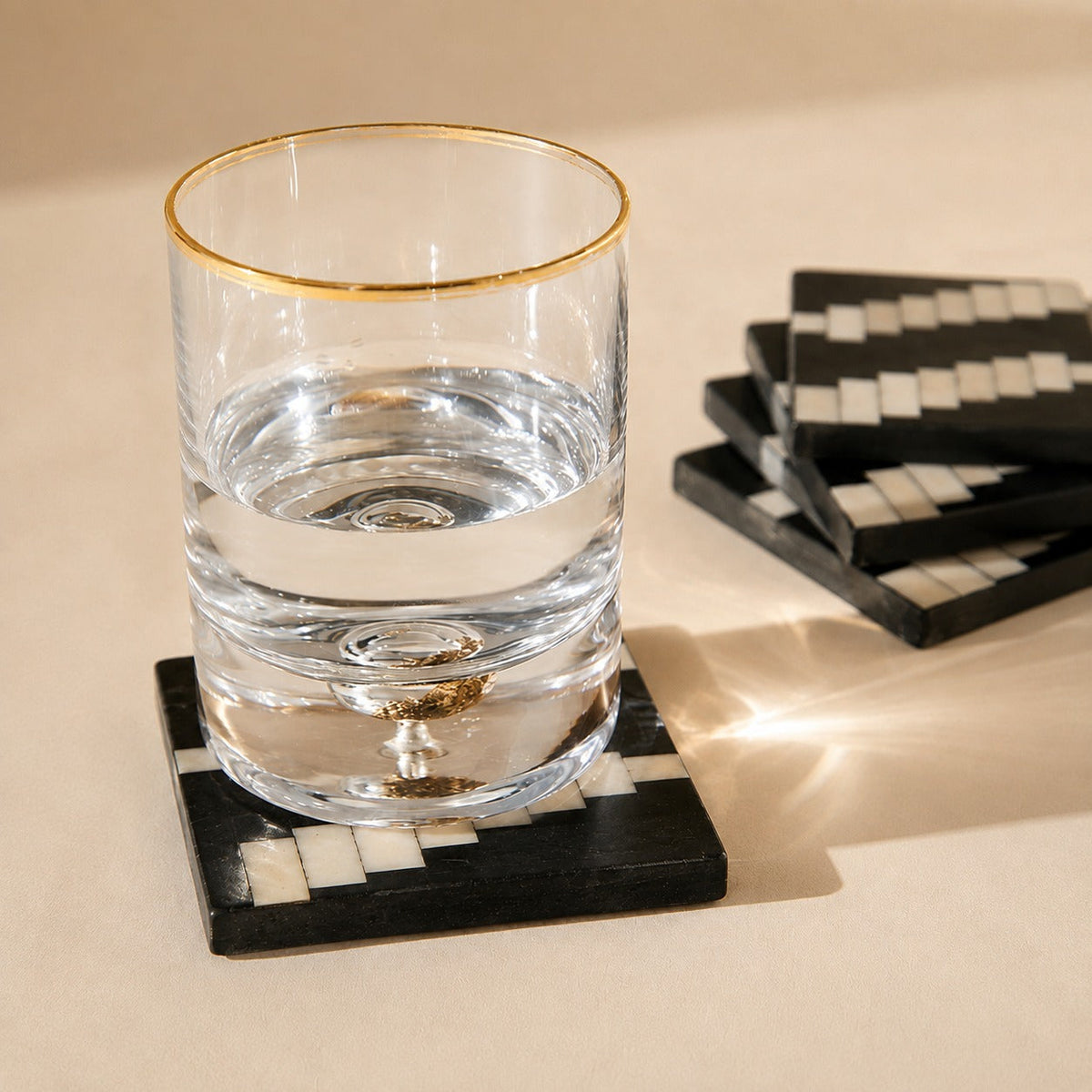 MONCHROME - WOOD INLAY BLACK IVORY COASTER SET OF 4