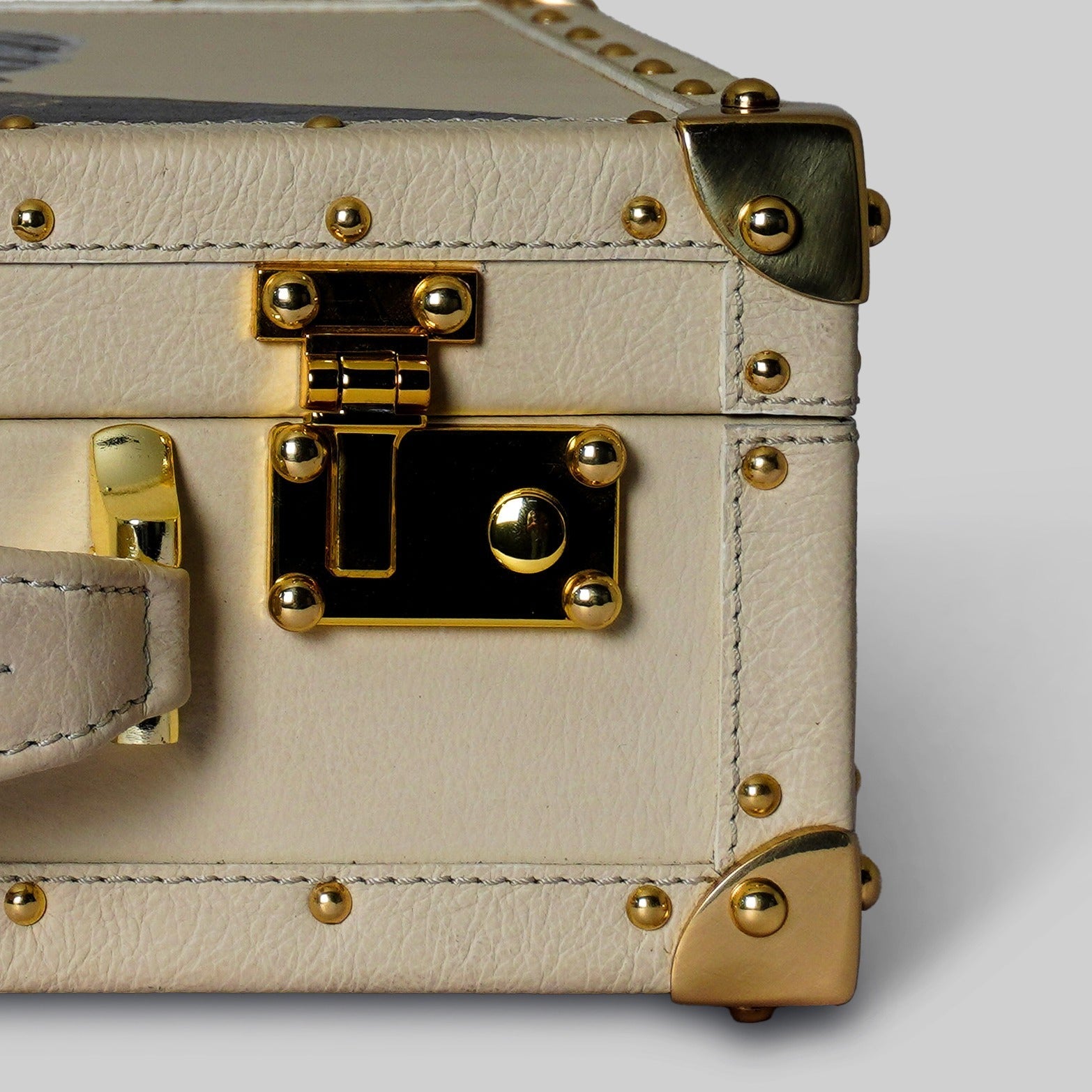 Arabesque watch box brass nail edge full grain leather detail - The Mage Home