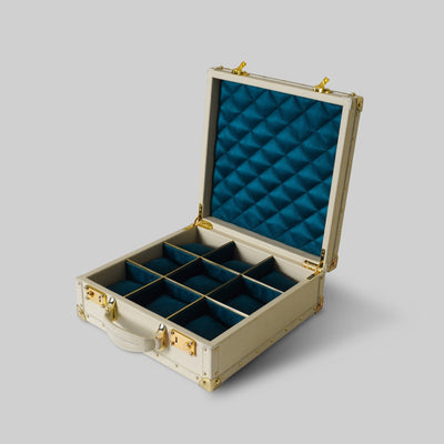 Hand painted leather watch box Dubai cityscape lid close up detail - The Mage Home