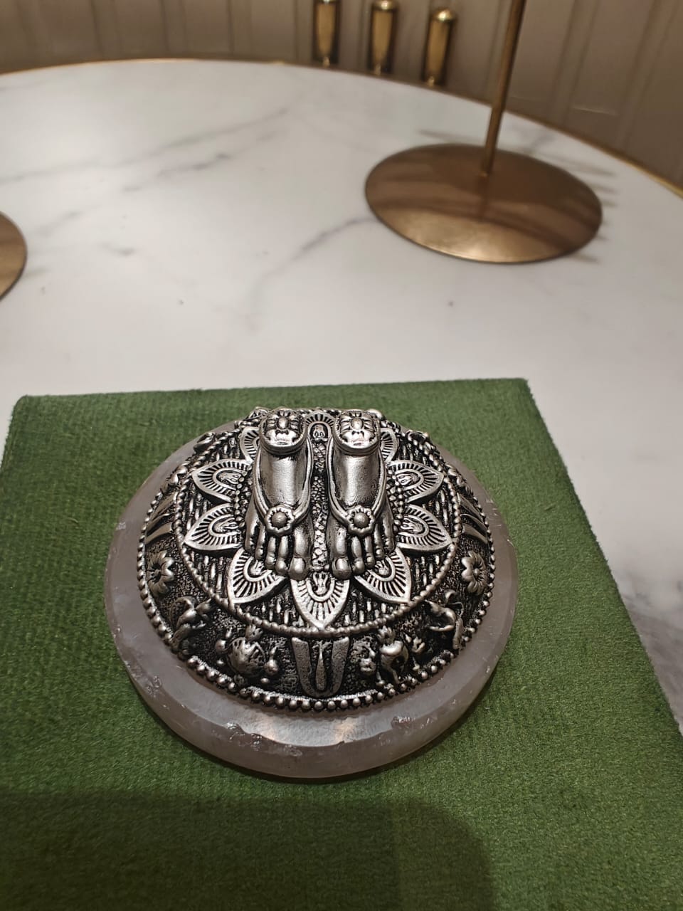 Divine Lakshmi Charan Paduka on Rose Quartz Base – Silver Finish