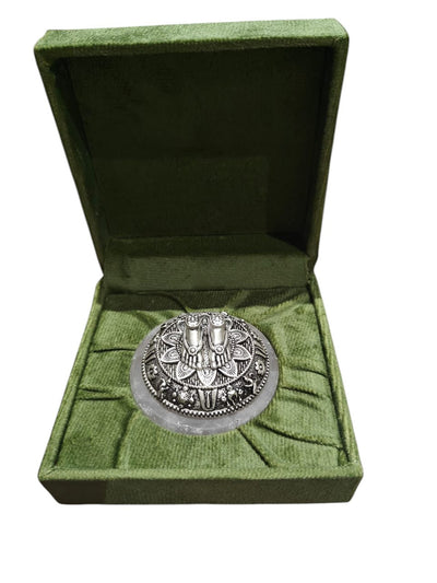 Divine Lakshmi Charan Paduka on Rose Quartz Base – Silver Finish