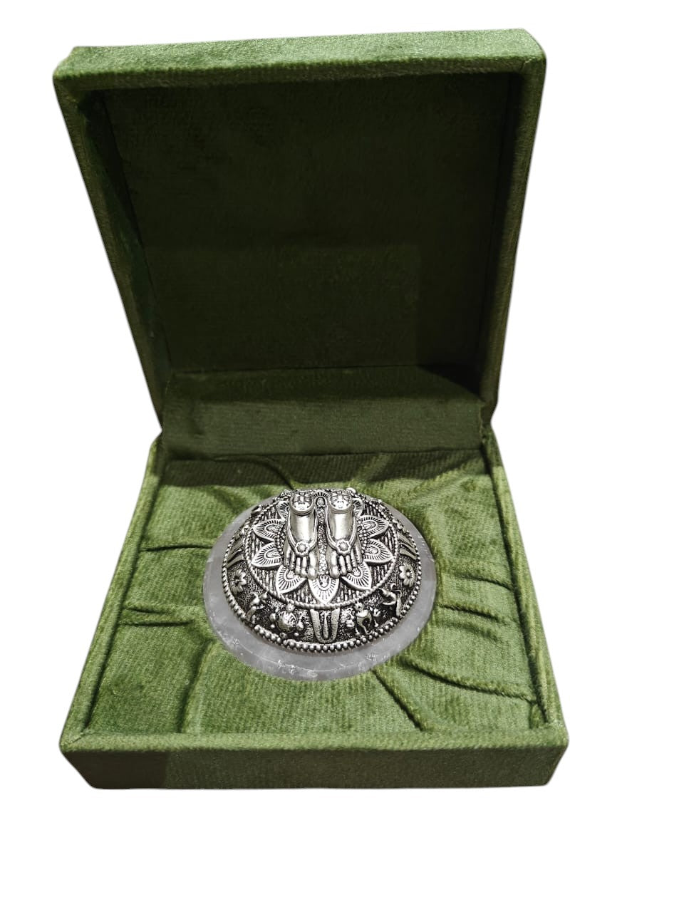 Divine Lakshmi Charan Paduka on Rose Quartz Base – Silver Finish