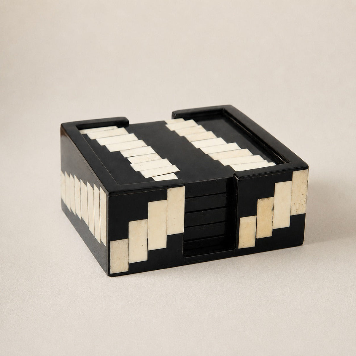 MONCHROME - WOOD INLAY BLACK IVORY COASTER SET OF 4
