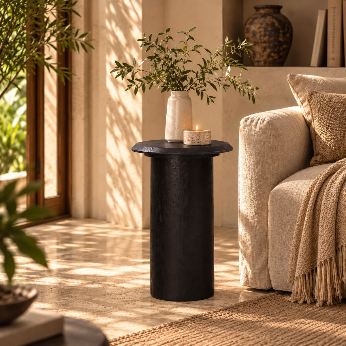 Tall Raw Wood Drink Table - Black