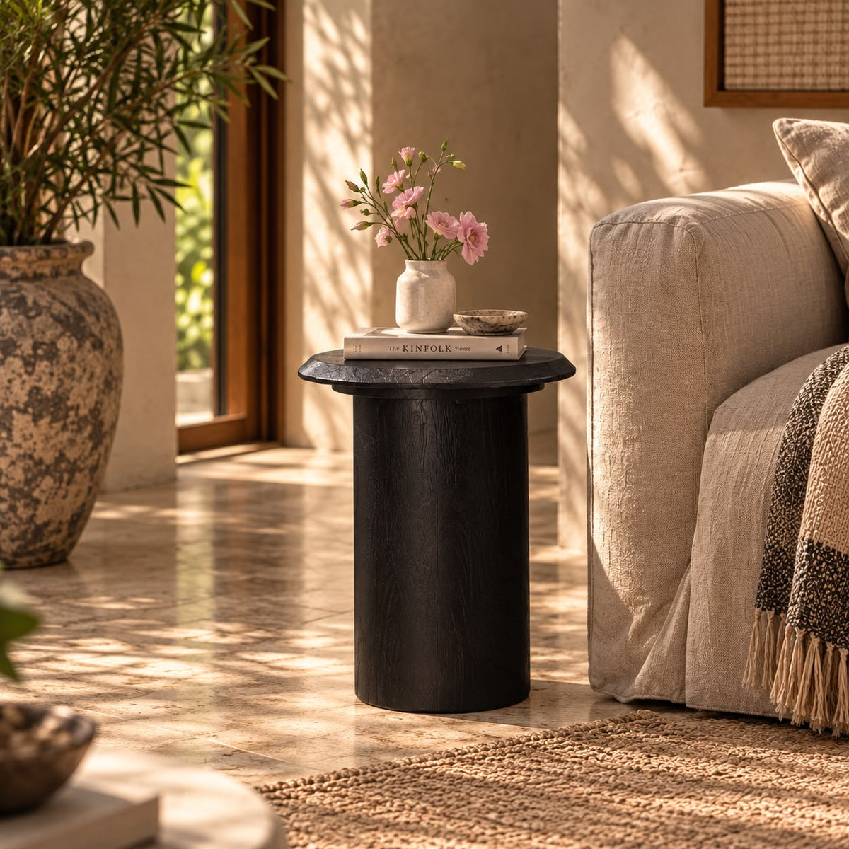 Medium Raw Wood Drink Table - Black