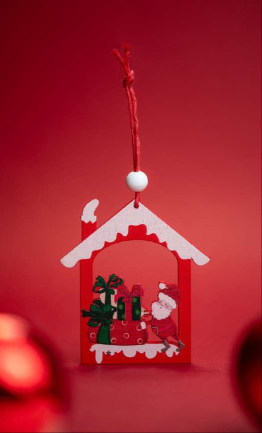 Red Santa Hanging Ornament with Gift Stack in House Frame_CC59