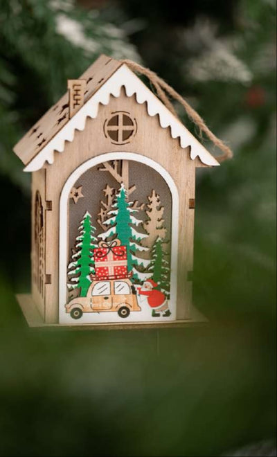 Wooden House Lantern with Santa, Car, and Gifts Scene_CC58