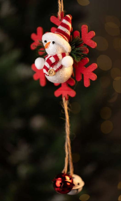 Snowman on Red Snowflake Hanging Ornament with Hanging Bells_CC67