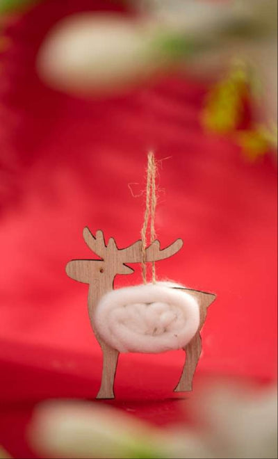 Wooden Reindeer Hanging Ornament with White Yarn Body_CC18