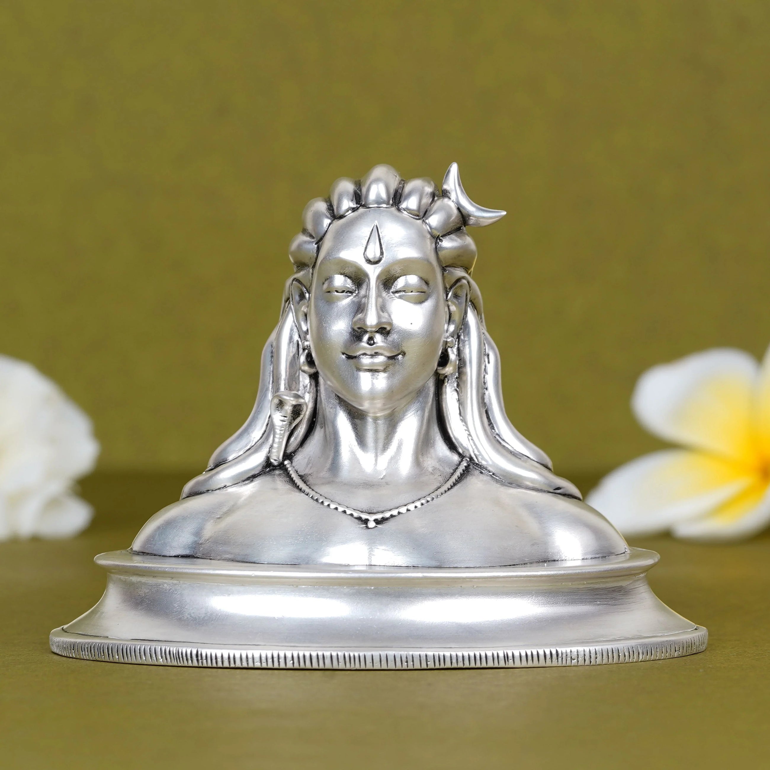 Adi Yogi Shiva idol for car dashboard, metallic finish with floral decor, Sabera