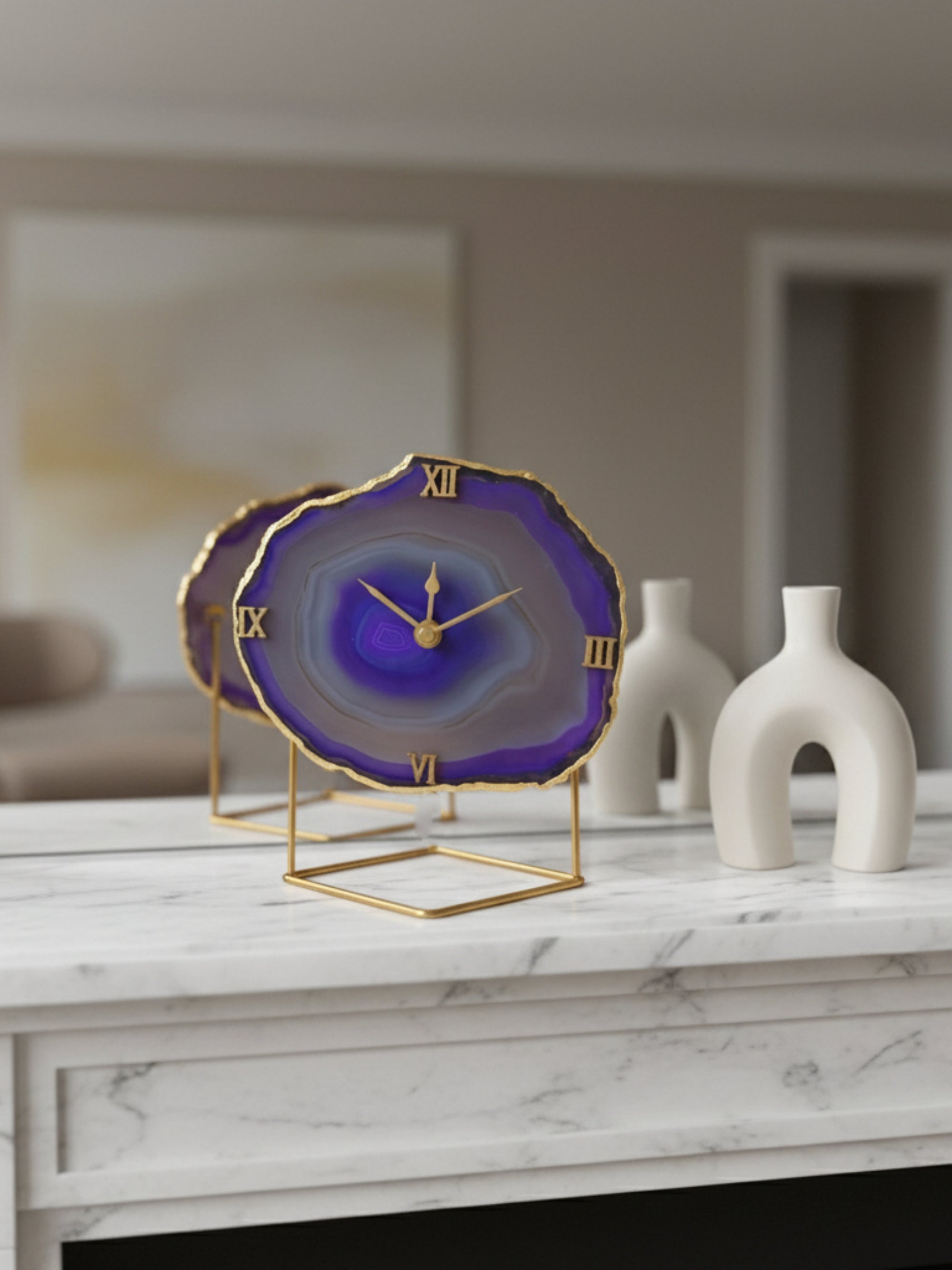 Desk Clock with Metal Stand - Brazilian Agate Purple