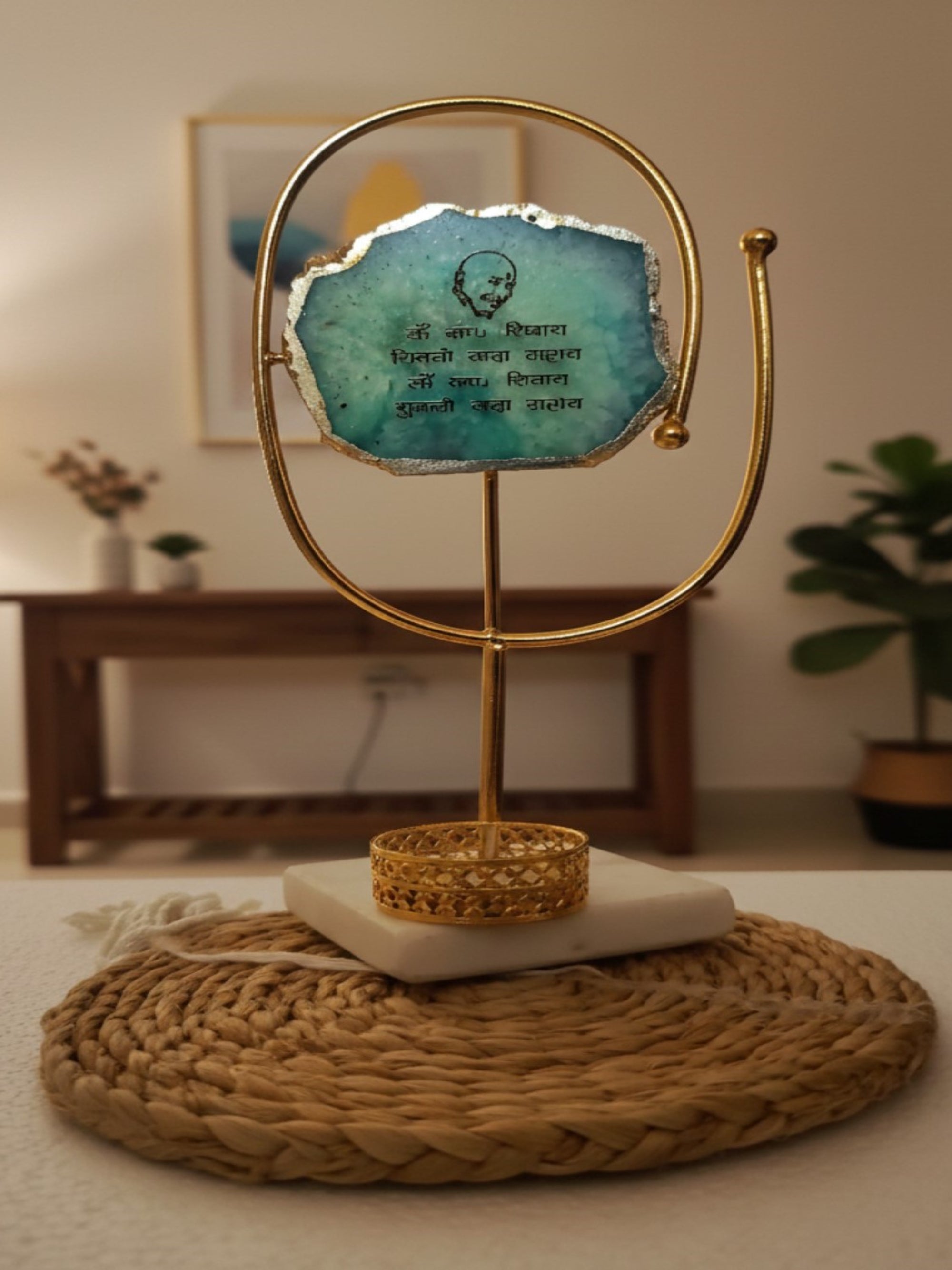 Agate Guruji Mantra Oval Shape Metal Showpiece- Turquoise