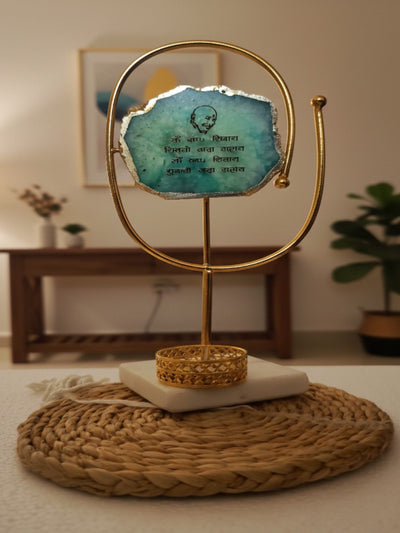 Agate Guruji Mantra Oval Shape Metal Showpiece- Turquoise