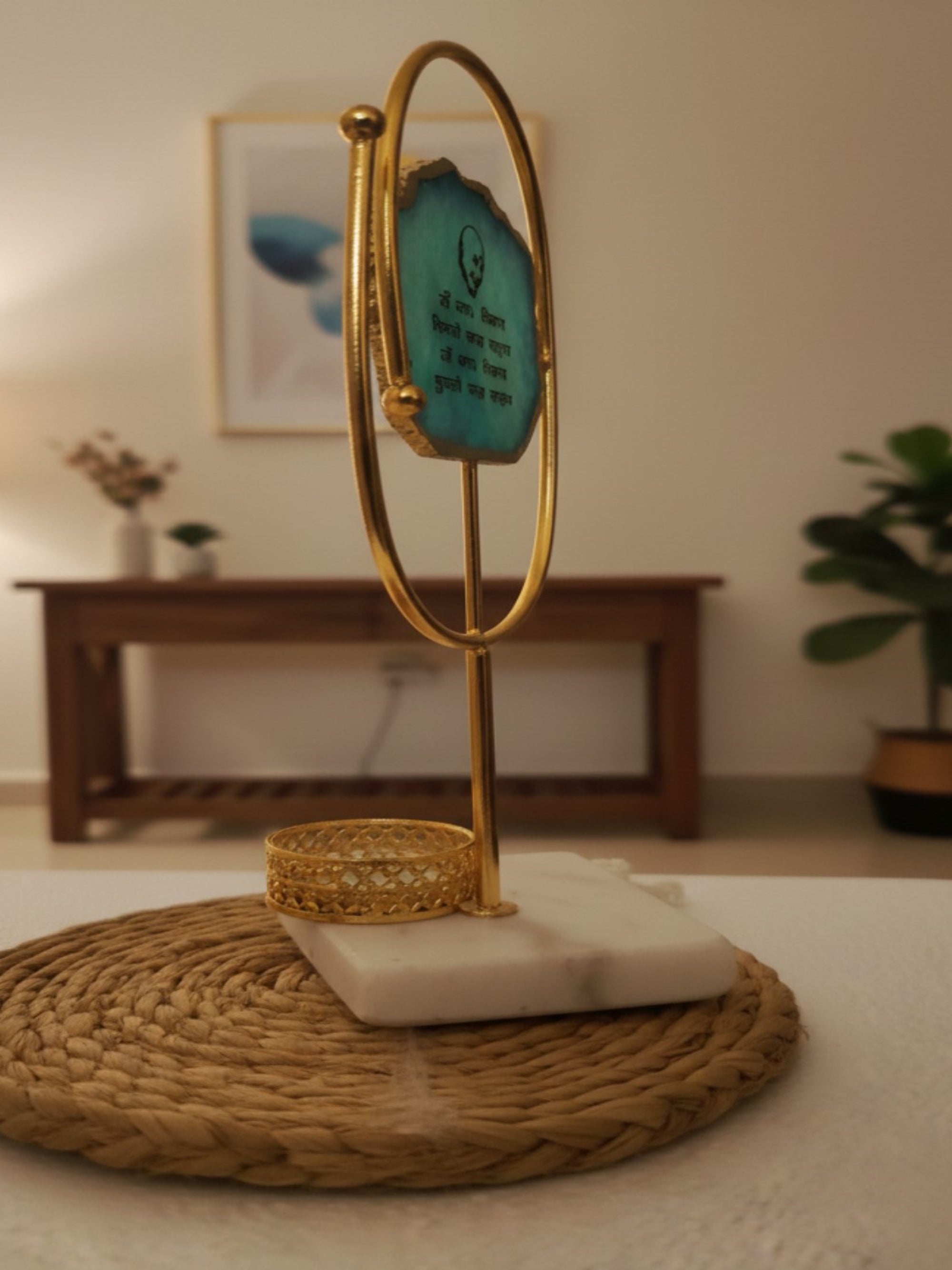 Agate Guruji Mantra Oval Shape Metal Showpiece- Turquoise