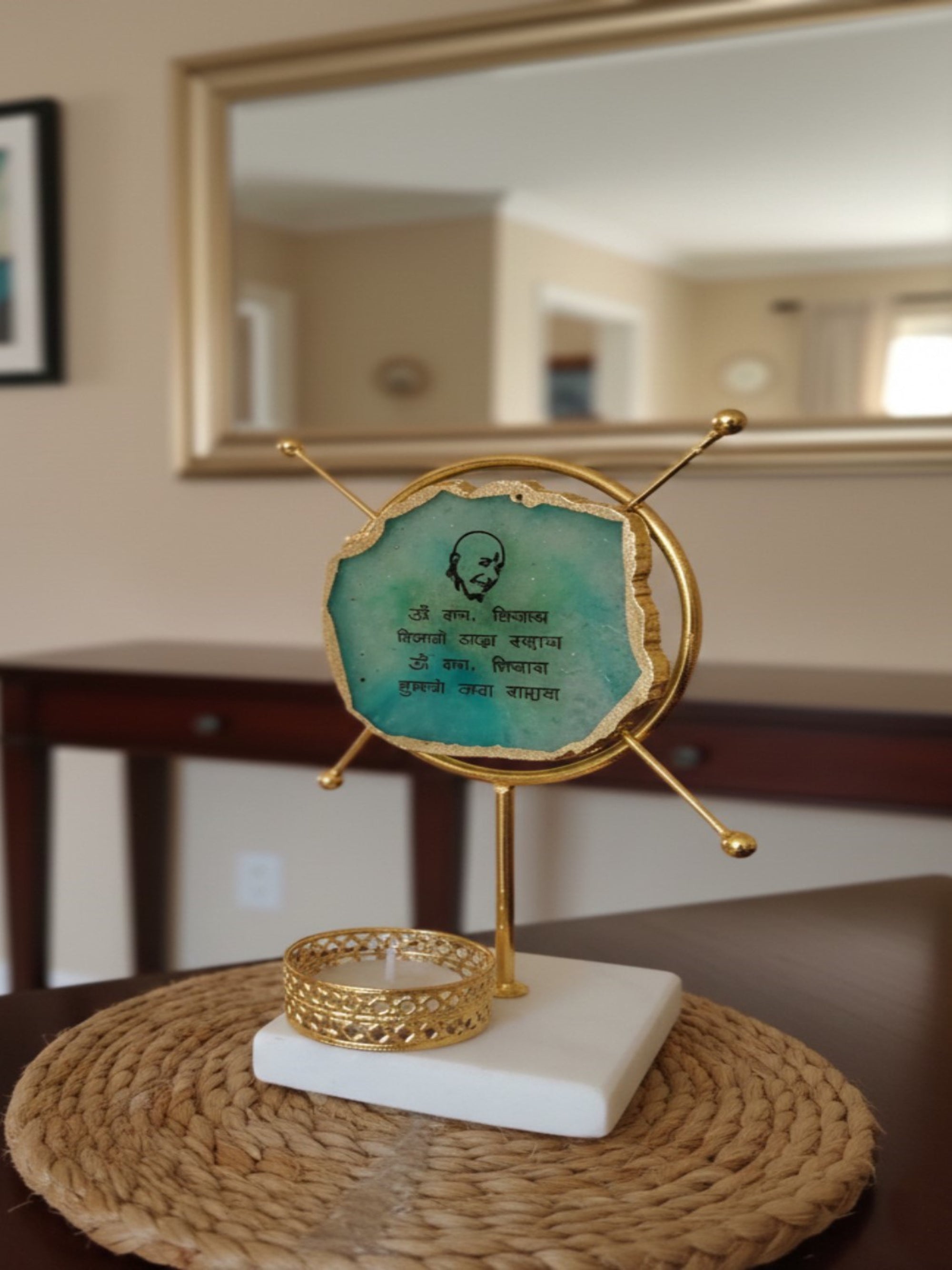 Agate Guruji Mantra Round Shape Metal Showpiece- Turquoise