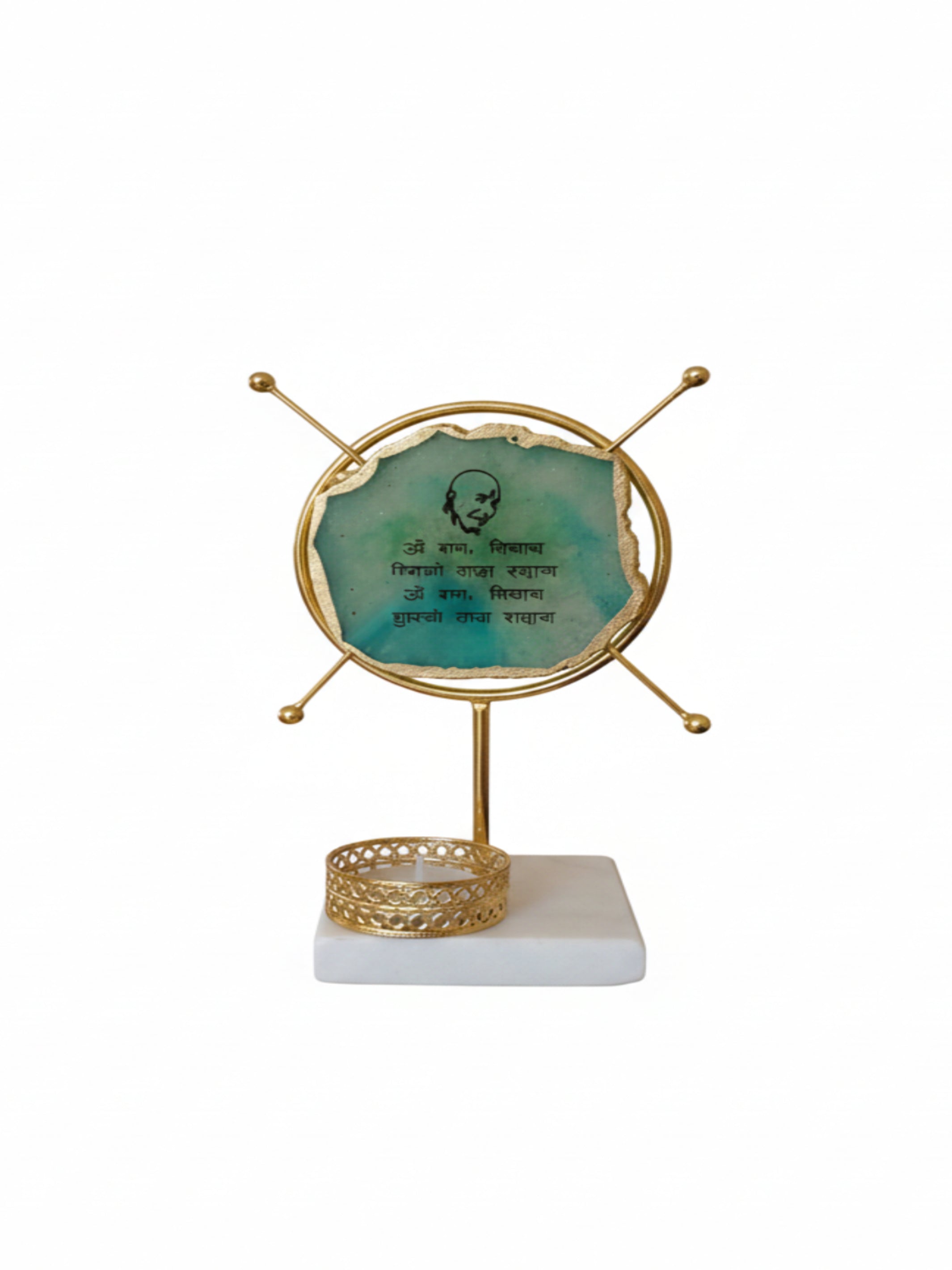 Agate Guruji Mantra Round Shape Metal Showpiece- Turquoise