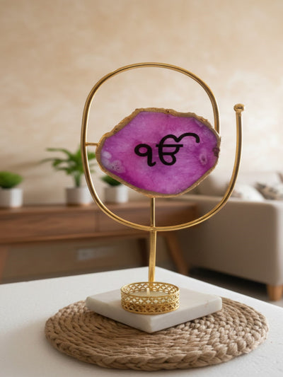 Agate Ik Onkar Oval Shape Metal Showpiece- Pink
