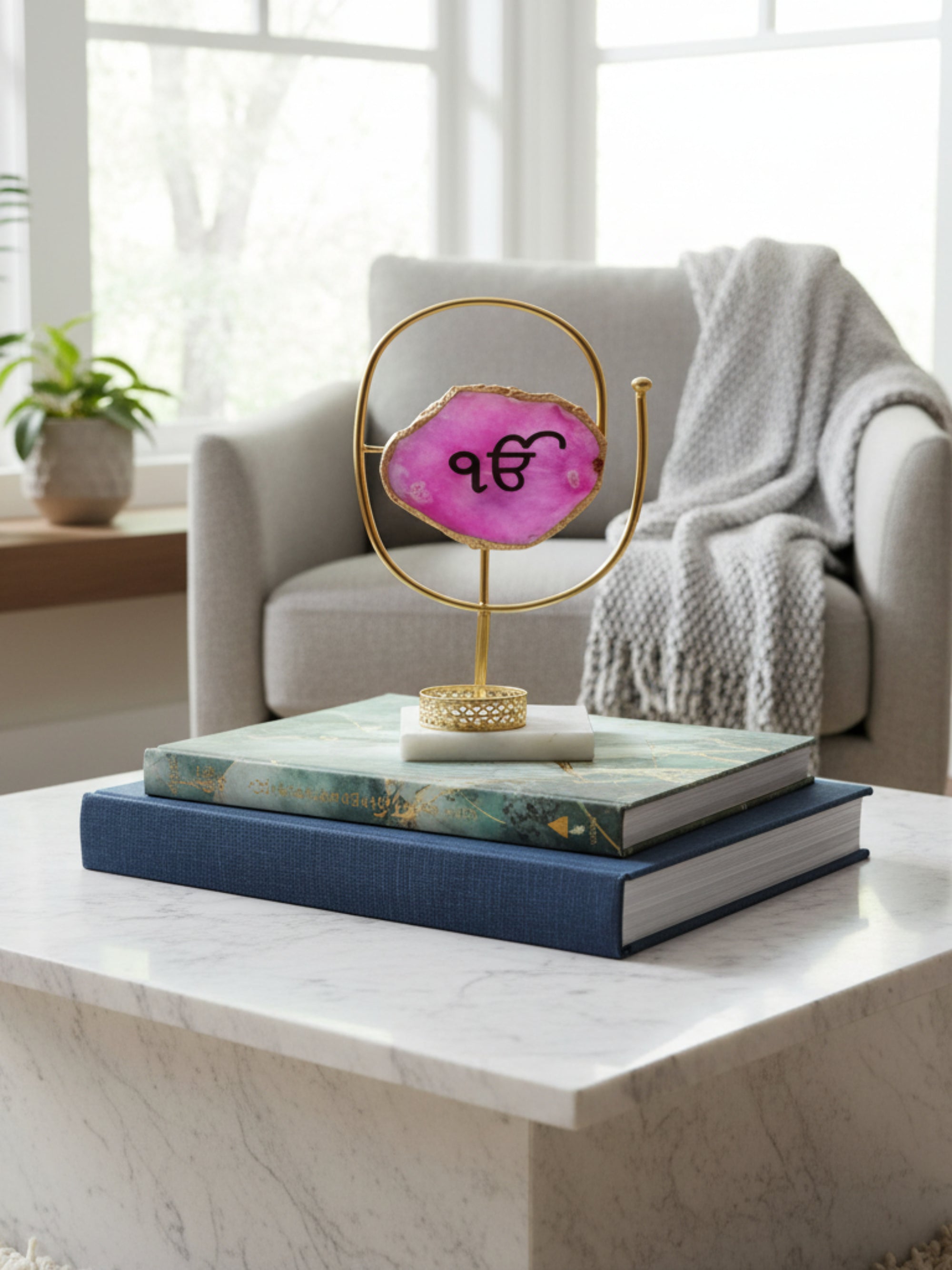 Agate Ik Onkar Oval Shape Metal Showpiece- Pink