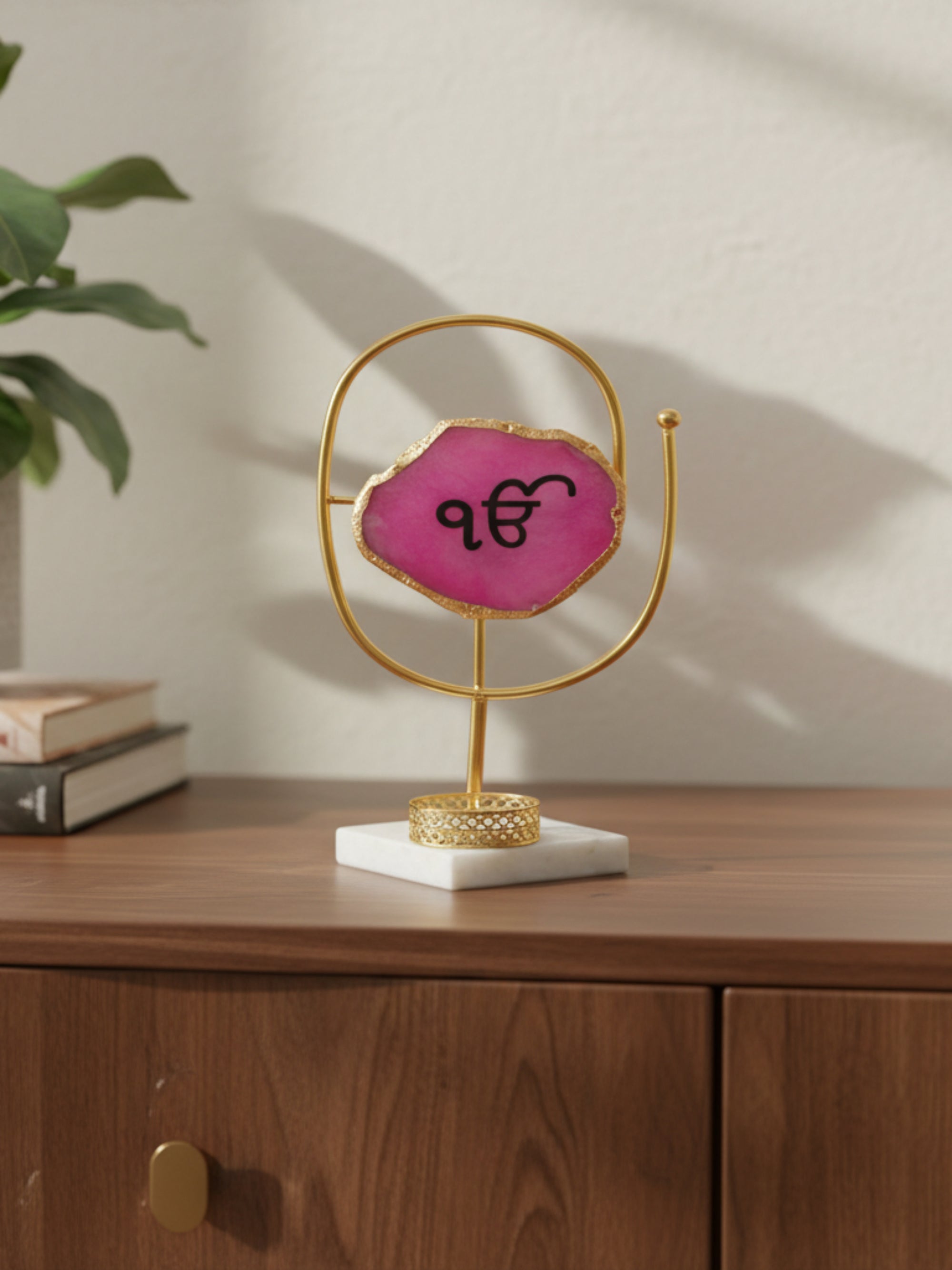 Agate Ik Onkar Oval Shape Metal Showpiece- Pink