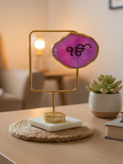 Agate Ik Onkar Rectangular Shape Metal Showpiece- Pink